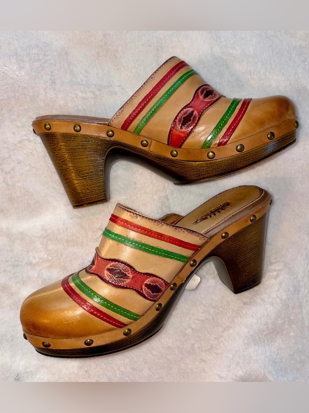SPRING STEP Leather Aztec Striped Heeled Clogs sz 8.5